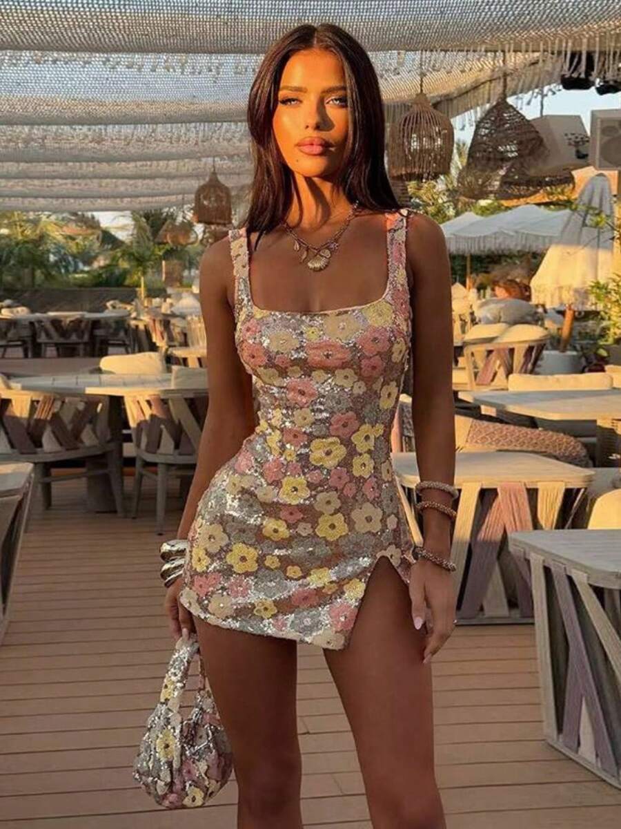 Spring And Summer New Women's Clothing Fashion Temperament Sexy Slim Square Neck Sequined Hip-Wrapped Split Dress - 杏色 - 查看 1