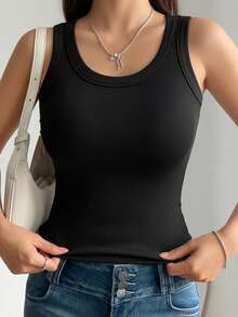 2pcs Atasan Wanita Kasual Dasar Nyaman Minimalis dengan Bantalan Leher Bulat, Atasan Tanpa Lengan Bergaris Warna Polos Pas Badan - MultiWarna - View 4