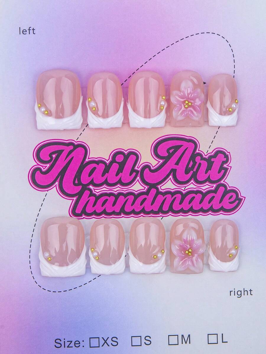 10pcs/Set Handmade Square Nail Tips, Y2K Baddie Style, Nude & White Color With French Tips & Floral Design, Suitable For Parties, Weddings, Daily Wear, Includes Nail Tools, Great Gift For Women & Girls Press On Nails - White - View 1