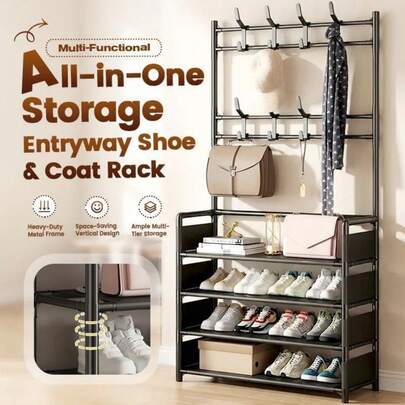 四层/五层落地式鞋架，带储物架 - 多功能晾鞋架，带8个挂钩的衣帽架，大容量节省空间的鞋子收纳架，金属衣架，可挂外套、帽子、夹克、包包，适用于玄关、卧室、客厅