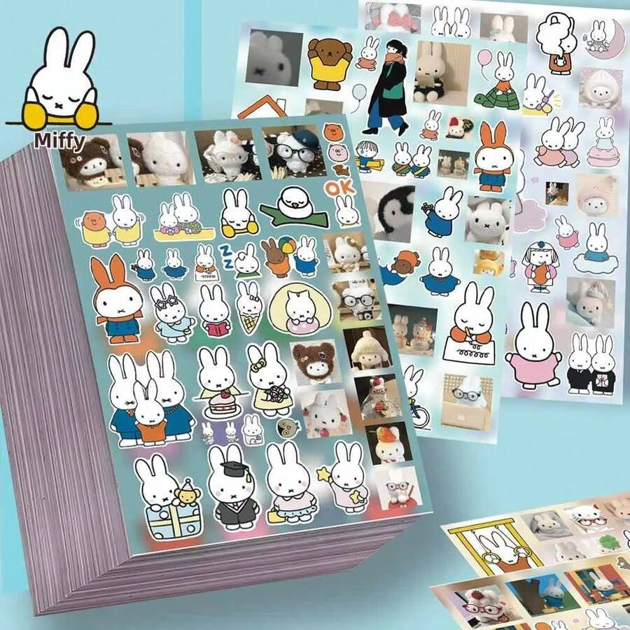 MIFFY 1套/8张可爱联名米菲兔剪纸贴纸，外观精美，防水，手工材质，DIY贴纸，装饰效果高，复古风格，柔和奶油色，生日礼物，送给家人、朋友、情侣，小惊喜，复活节礼物，开学必备礼物 - 彩色 - 查看 1