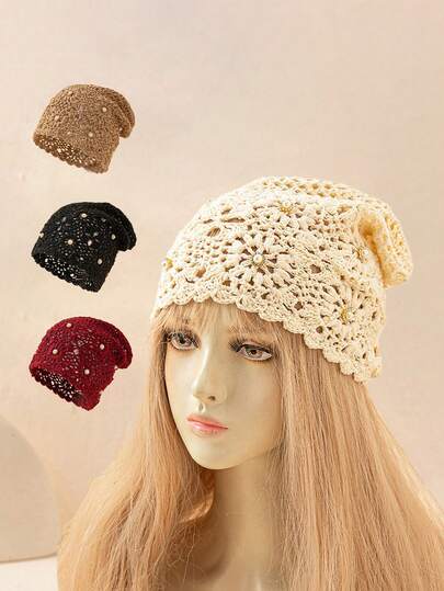 1pc Spring/Summer Elegant Solid Color Crochet Beanie Hat With Pearl & Rhinestone Design, Ins Style Hollow Out Slouchy Crochet Beret