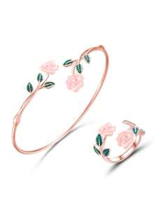 Bộ trang sức vòng tay và nhẫn hình hoa hồng thời trang và thanh lịch dành cho nữ. - Nhiều màu - Xem 4