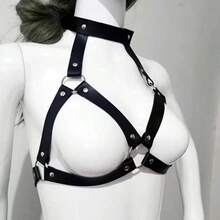 1 pieza Lencería de bondage para mujer, juguetes para parejas, cinturón sexy para la cintura, arnés de pecho y cintura de cuero sintético negro, adecuado para vacaciones, fiestas y uso diario - Negro - Ver 3