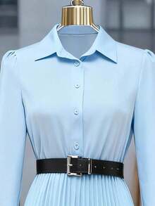 Women's Elegant Pleated Button-Down Long Sleeve Shirt Dress (Belt Not Included), Autumn Spring - Màu xanh nhạt - Xem 5
