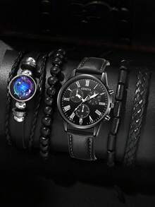 Set 4 Jam Tangan Pria - Jam Tangan Quartz Modis + Set Gelang Serbaguna, Dial Bulat Klasik, Tali PU Nyaman, Cocok untuk Pemakaian Sehari-hari - Hitam - View 11