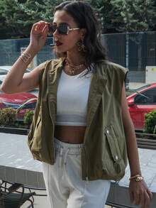Women's Sleeveless Cargo Vest, Loose Zipper Pocket, Casual Outdoor Jacket - Army Green - View 5