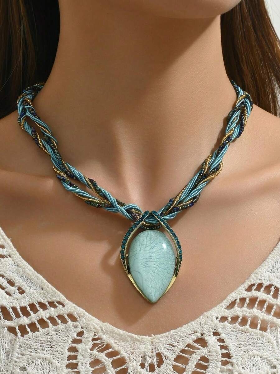 1件复古波西米亚风猫眼石吊坠毛衣链项链 - 葉子 - 查看 1