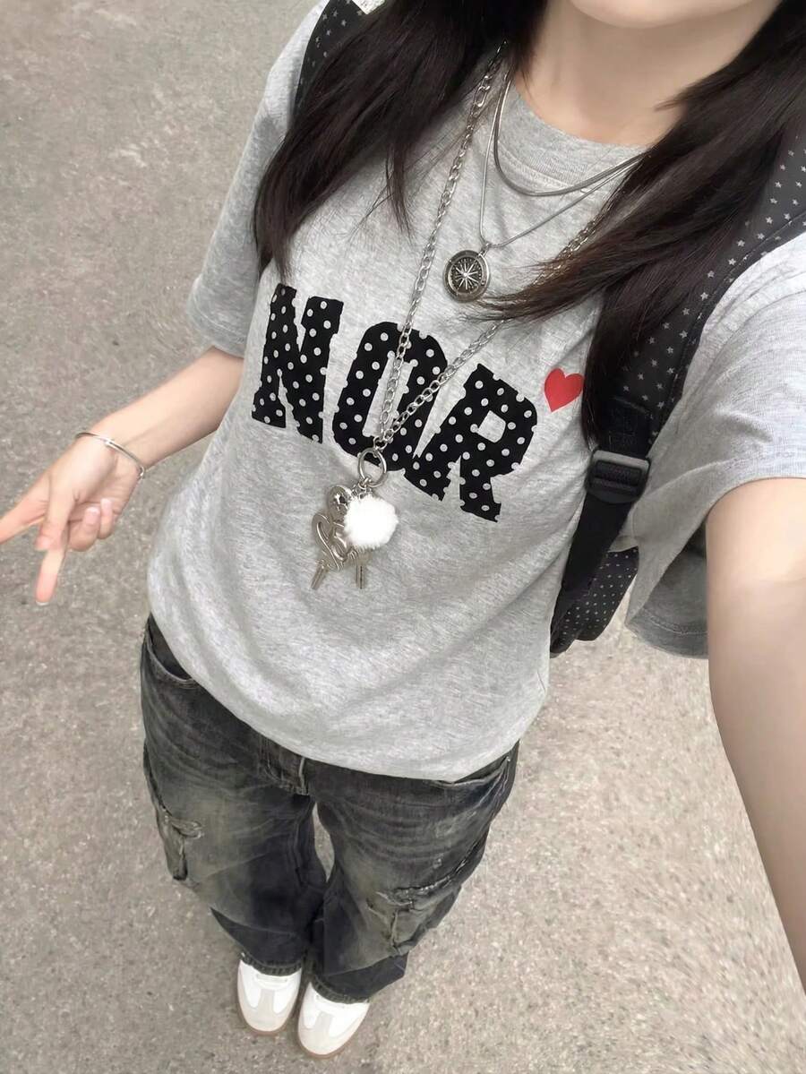 女士夏季休闲宽松纯棉字母卡通印花短袖T恤 - 淺花灰 - 查看 1