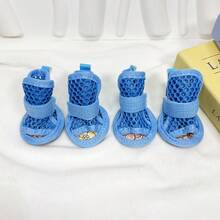 4pcs/Set Pet Open Toe Summer Outdoor Elastic Strap Wear-Resistant Anti-Slip Breathable Mesh Shoes, Suitable For Small Dogs Indoor & Outdoor - Blue - View 17