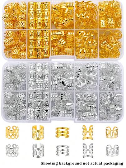 100件装发饰，金色和银色发圈，多款式发环，可调节发珠，适用于辫子、脏辫、脏辫等发型，女孩适用