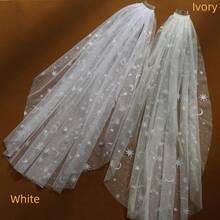 1件闪亮星月图案穆斯林新娘长款婚纱头纱，多种尺寸可选，附赠金属发梳，2026新款新娘系列，夏季，海滩风情 - 彩色 - 查看 15