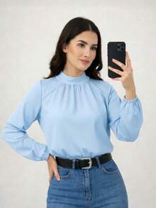 Women's Long Sleeve Blouse With High Neck And Gathered Detail, Elegant Casual Fashion 2026, Suplex - 淺藍色 - 查看 1
