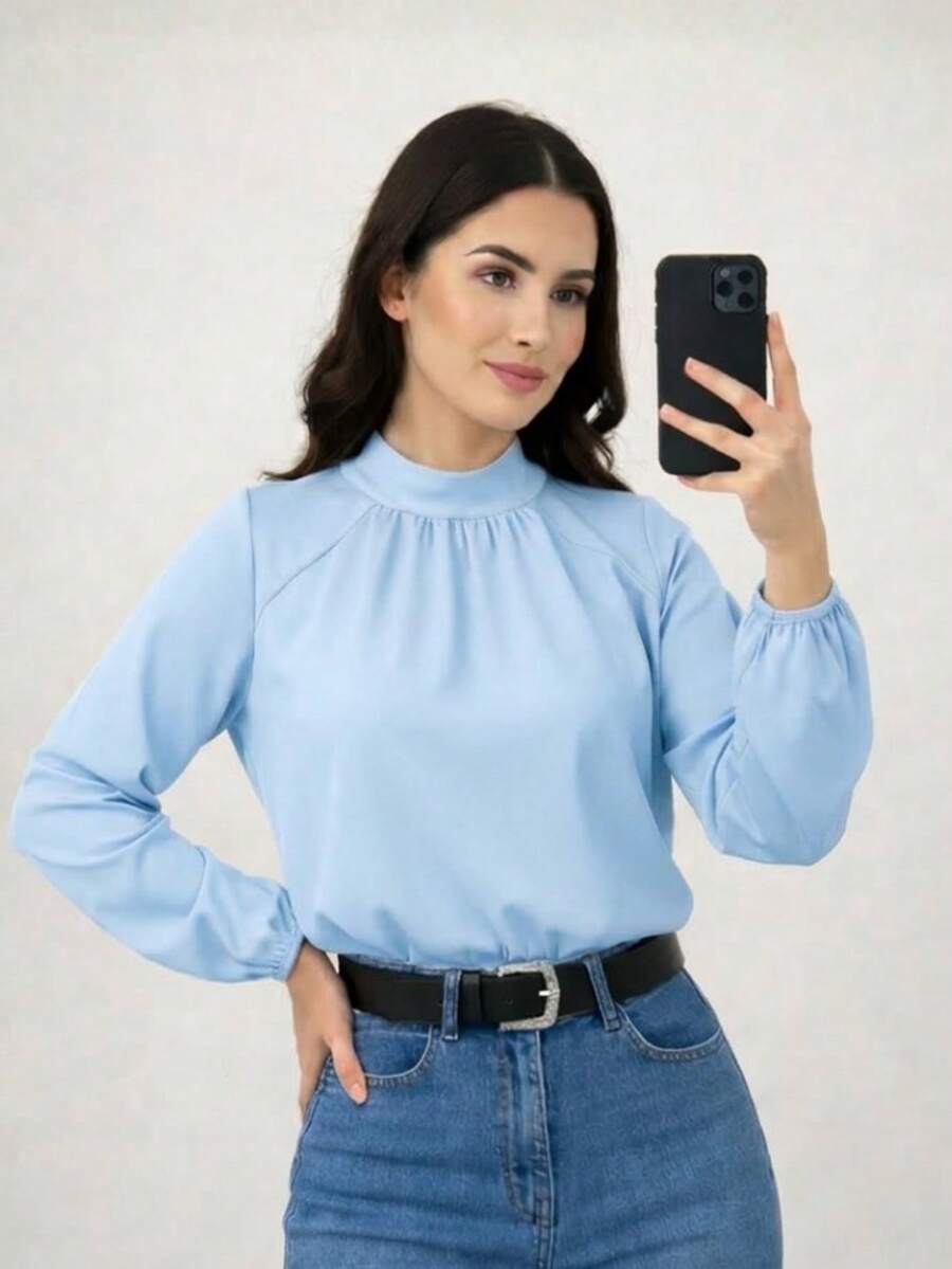 Women's Long Sleeve Blouse With High Neck And Gathered Detail, Elegant Casual Fashion 2026, Suplex - 淺藍色 - 查看 1