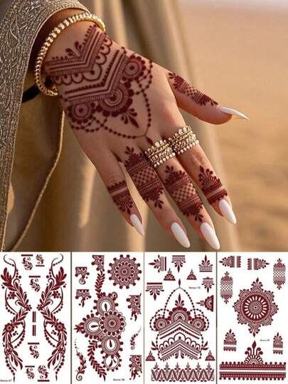 4pcs Floral Design Temporary Tattoos, Brown, Red, Burgundy, Sexy Toe & Hand Tattoo Stickers, Suitable For Women, Waterproof, Wedding & Party