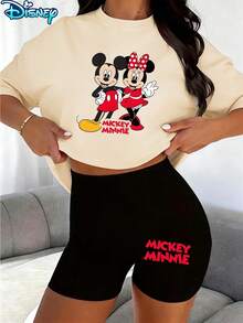 Disney Mickey & Minnie Classic Printed Casual Set, Women's 2pcs Short Sleeve T-Shirt And Shorts Set, Couple Character Printed Tee And Shorts Set, Suitable For Daily Leisure And Outdoor - 杏色 - 查看 1