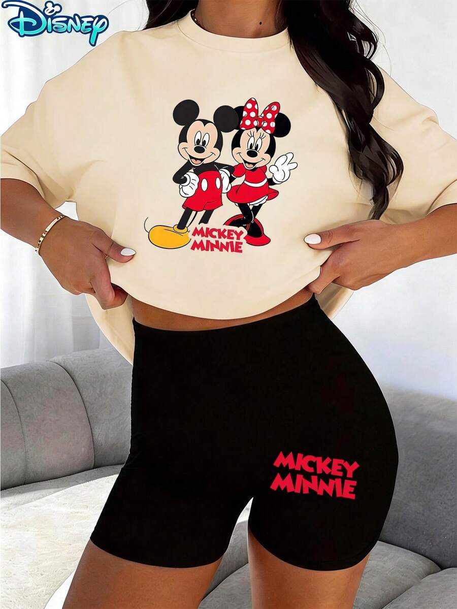 Disney Mickey & Minnie Classic Printed Casual Set, Women's 2pcs Short Sleeve T-Shirt And Shorts Set, Couple Character Printed Tee And Shorts Set, Suitable For Daily Leisure And Outdoor - 杏色 - 查看 1