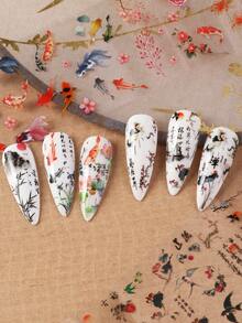 FULL BEAUTY 10 cuộn giấy dán móng tay phong cách tranh thủy mặc Trung Quốc, họa tiết tre, hạc, cá vàng, hoa mai, sen, tự làm đồ trang trí móng tay. - Nhiều màu - Xem 4