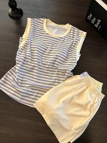 女士休闲条纹无袖睡衣套装，宽松短裤夏季新款家居服 - 藍色 - 查看 3