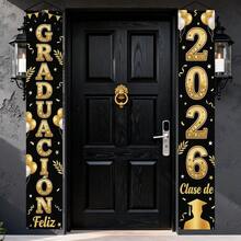 1 Set 2026 Graduation Congratulations Front Porch Sign Banner, Black Background With Gold Frame And Text, Featuring Graduation Cap, Diploma, And Fireworks Design, Made Of Polyester, Suitable For Graduation Party Hanging Decoration - A Style - View 2