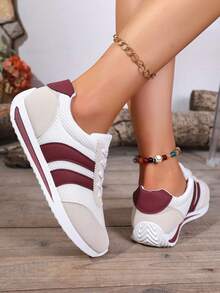 大码女式休闲运动鞋，学生鞋，米色时尚滑板鞋，平底撞色系带舒适运动鞋 - 紅色 - 查看 5