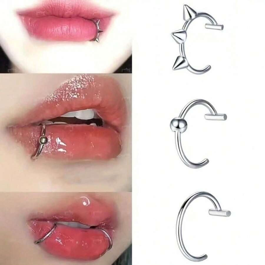 Set 3 Buah Cincin Hidung Jepit, Perhiasan Cincin Bibir Gaya Hip Hop dari Baja Tahan Karat 316, Set Perhiasan Dekoratif Tindik Palsu - 3 jenis cincin bibir perak - View 1