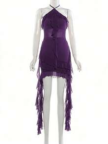 Vestido mini ajustado con escote halter y espalda descubierta, con detalles de encaje, volantes de malla transparente y flecos patchwork - Morado - Ver 7