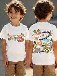 Disney 'Cars' Racing Track Pattern Summer T-Shirt, Suitable For Boys And Girls For Holiday Parties, Dinners, Outdoor Play, Travel, And As A Gift For Children Visiting Disneyland. - White - View 1