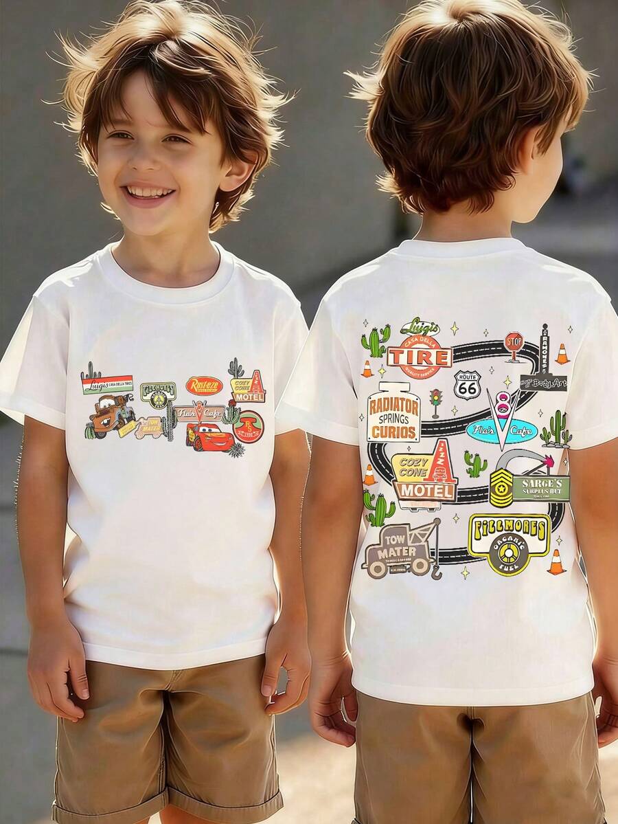 Disney 'Cars' Racing Track Pattern Summer T-Shirt, Suitable For Boys And Girls For Holiday Parties, Dinners, Outdoor Play, Travel, And As A Gift For Children Visiting Disneyland. - White - View 1