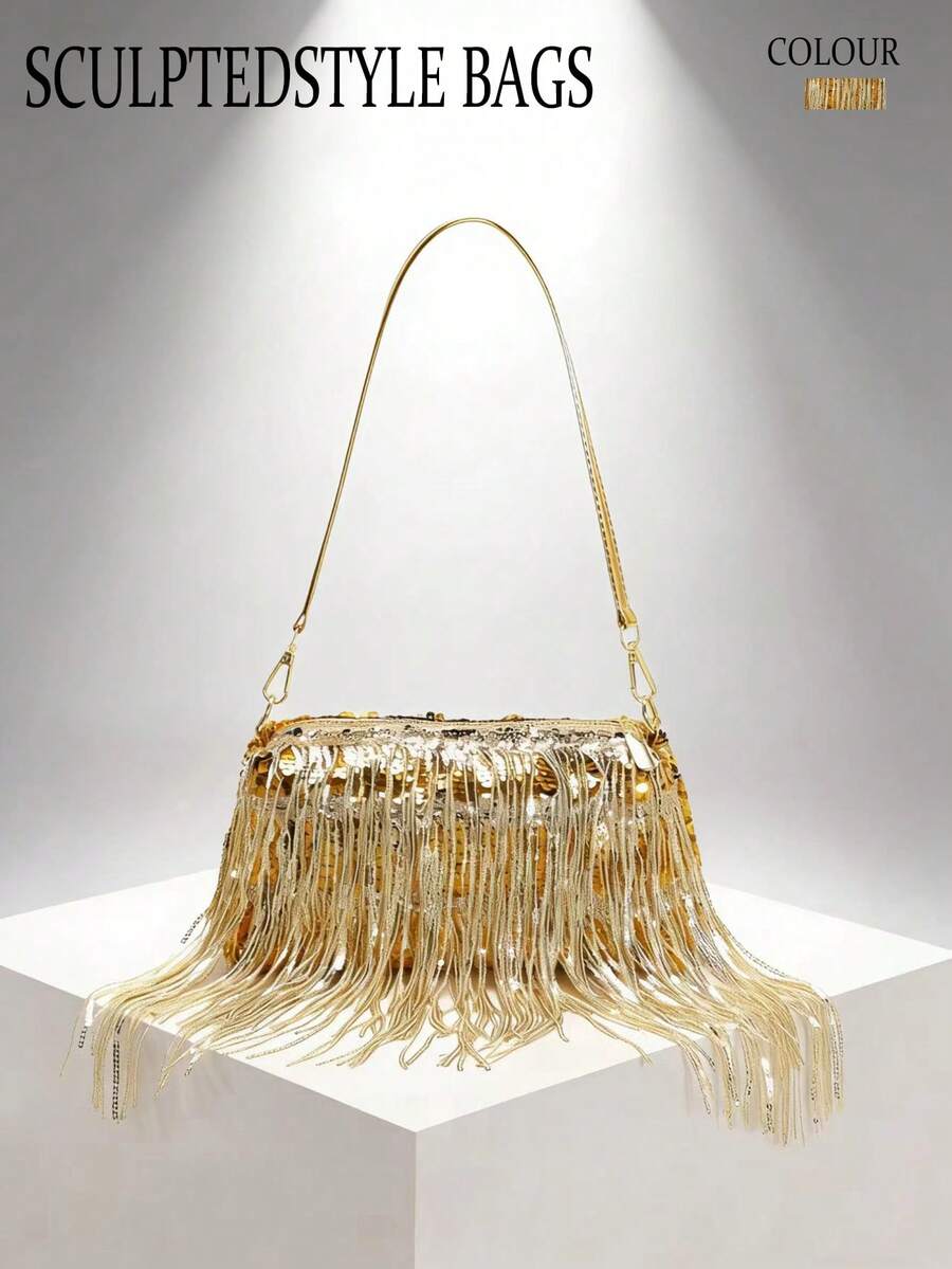 1pc Gold Sequin Blingy Metallic PVC Sequin Tassel Underarm Bag, Personalized Baguette Bag Suitable For Socialite Party And Banquet Atmosphere - Gold - View 1