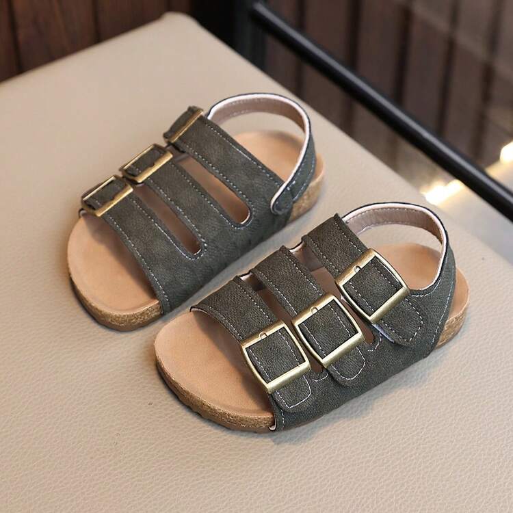 1 đôi dép xăng đan mùa hè cho trẻ em, họa tiết kẻ caro cổ điển, 3 quai, hở mũi, đế mềm chống trượt, giày đi biển cho trẻ nhỏ, kiểu dáng thường ngày và thời trang cho bé trai và bé gái. - xanh quân đội - Xem 2