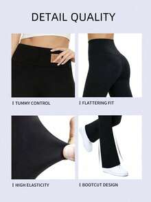 1pc High-Waisted Tight Fit Pants For Women, Minimalist Slimming Flared Leggings, Solid Color Yoga Wide Leg Pants, Elastic Loose Casual Sports Trousers With Waistband And Logo, Lifting Buttocks And Slimming Waist - Black - View 6