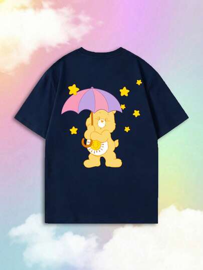 SHEIN | Care Bears Áo thun nữ tay ngắn cổ tròn dáng rộng, in hình đầu chó hoạt hình cổ điển và chữ cái lặp lại, màu xanh navy, dáng ôm, đa năng, họa tiết vui nhộn, năng động, mềm mại, thoáng khí, thoải mái, phù hợp cho đi làm hàng ngày, phong cách retro Mỹ, thời trang đường phố, sinh viên, hẹn hò, dã ngoại mùa xuân, lễ hội âm nhạc, áo thun cơ bản.