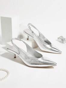 Giày sandal cao gót mũi nhọn thanh lịch dành cho nữ, đa năng cho đi làm, dự tiệc, liên hoan và mặc hàng ngày, giày cao gót hở mũi có quai ngang mắt cá chân. - Bạc - Xem 1