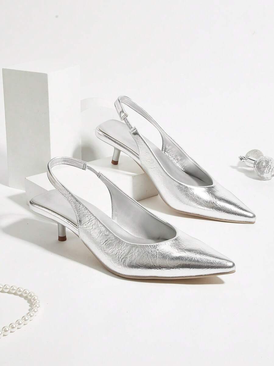 Giày sandal cao gót mũi nhọn thanh lịch dành cho nữ, đa năng cho đi làm, dự tiệc, liên hoan và mặc hàng ngày, giày cao gót hở mũi có quai ngang mắt cá chân. - Bạc - Xem 1