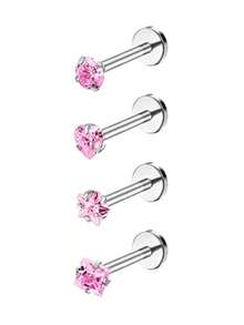 4件/8件/16G扁平心形锆石不锈钢T形耳骨耳环，简约时尚唇环耳环，8毫米耳针长度 - 彩色 - 查看 6