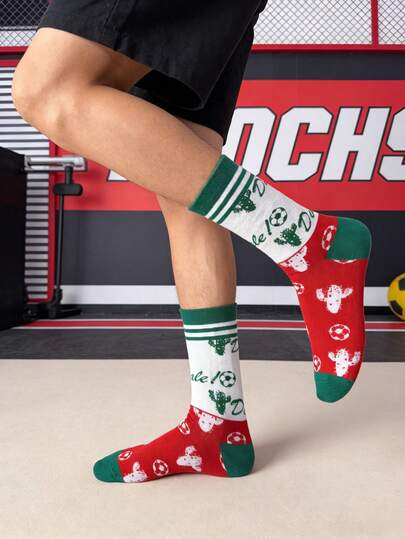 1 đôi tất nam dài đến bắp chân chủ đề bóng đá Mexico, tất thể thao in hình cây xương rồng, tất dài phong cách đường phố, thích hợp cho mặc hàng ngày/ngày thi đấu.