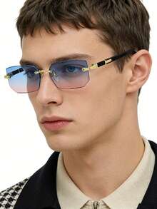 1副男士休闲复古方形无框时尚眼镜，适合日常佩戴和街头摄影 - 藍粉 - 查看 2