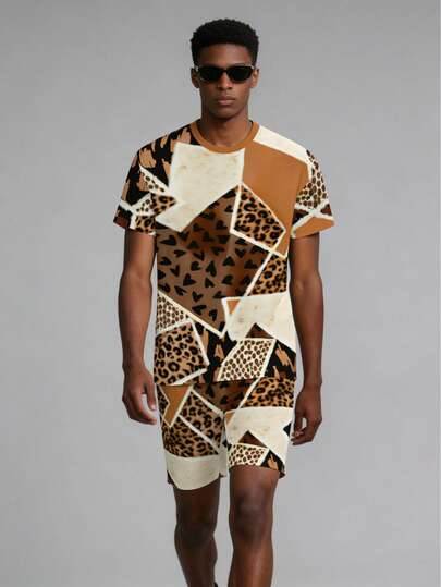 Bộ 2 món gồm áo thun ngắn tay và quần short họa tiết da báo phối hình học dành cho nam, trang phục thường ngày sang trọng mùa hè, thoáng khí và thoải mái, món đồ thiết yếu phong cách đường phố.