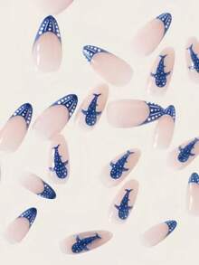 Press One Acrylic Nails INS Style Light Blue Polka Dot Oval Press-On Nails, Black Dot Graffiti Fake Nail Set, Fresh And Gentle Commuter Nails - Multicolor - View 4