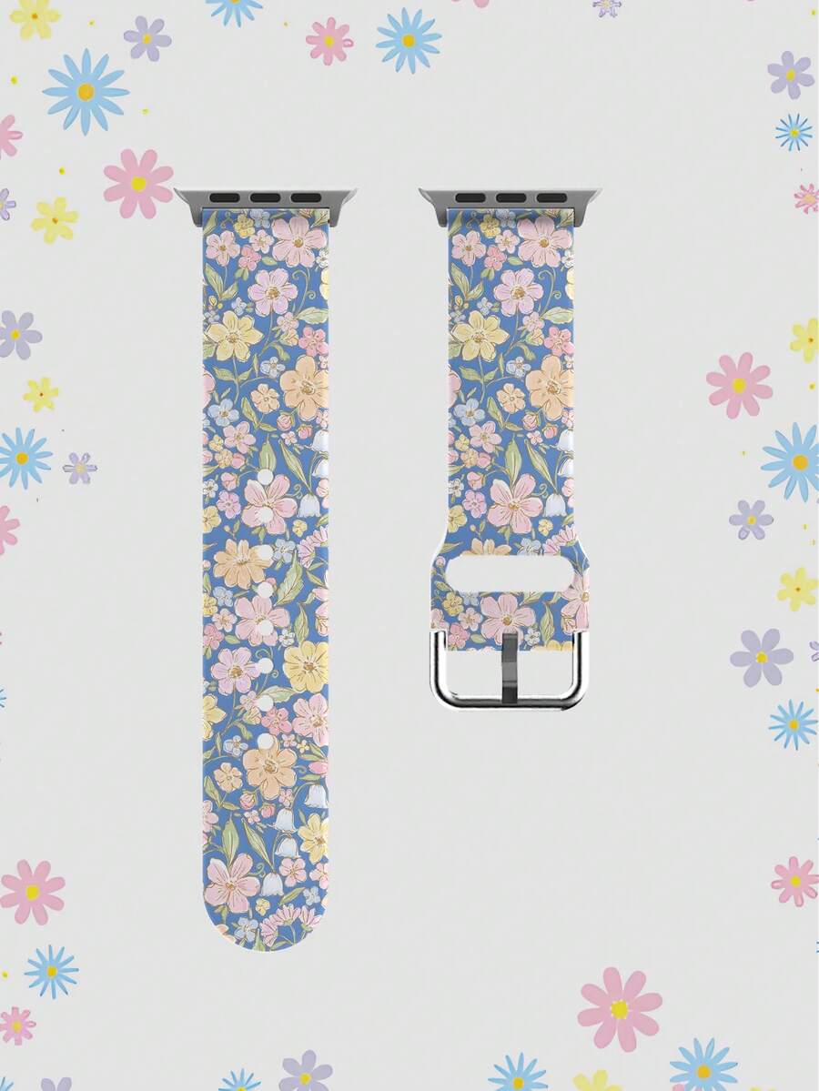 蓝色背景绿色叶子彩色花朵硅胶表带，兼容 38mm 40mm 41mm 42mm 44mm 45mm 49mm，兼容 Series Ultra/S11/S10/SE/8/7/6/5/4/3/2/1 - 彩色 - 查看 1