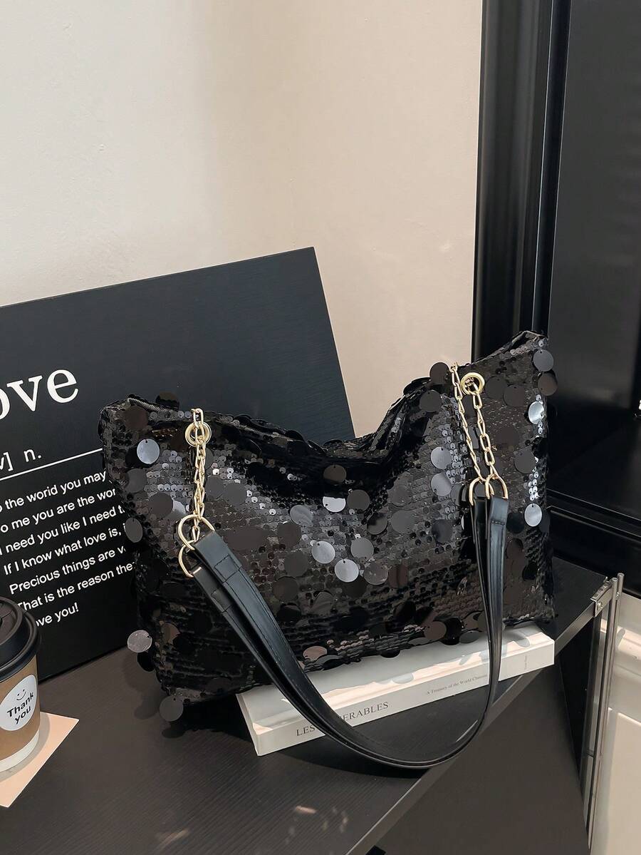 Bolso de mano de mujer con cadena al hombro y bajo el brazo, con lentejuelas, estilo elegante y sencillo, nueva colección primavera 2026 - Negro - Ver 1