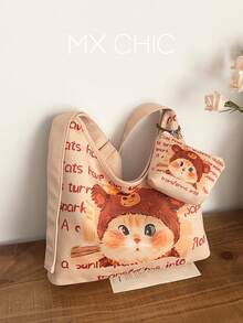 2pcs/Set Women's Cartoon Pattern One Shoulder Crescent Bag, Large Capacity, Fashion Graffiti Handbag With Small Pouch, Suitable For Vacation, Sports, Shopping - Multicolor - View 1