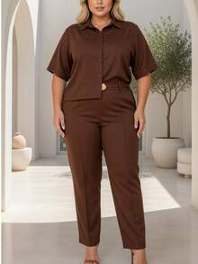 Women's Plus Size Set - Elegant Shirt And Pants - Rỉ Nâu - Xem 3