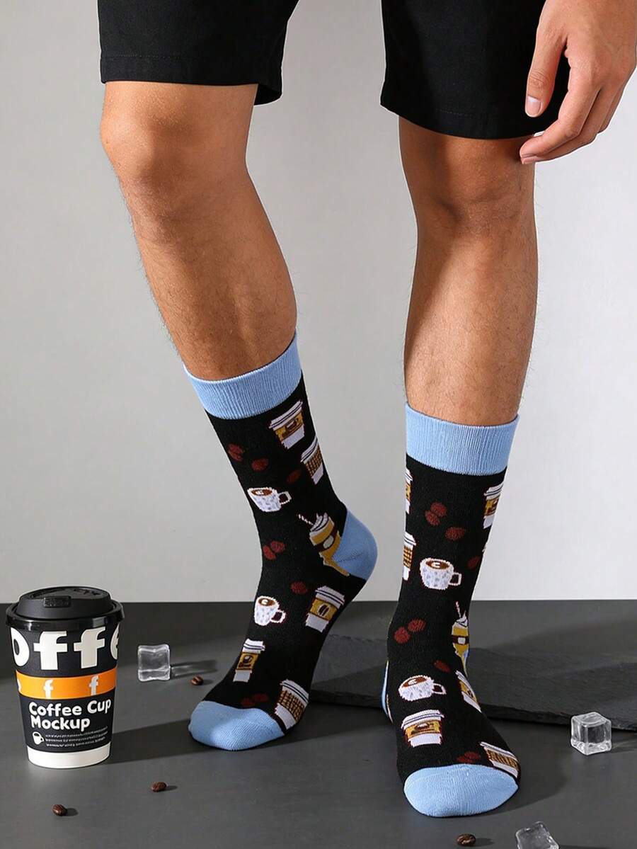1 pereche de șosete bărbătești, model de desene animate cu tematică de cafea, șosete creative de înaltă calitate, respirabile, care absorb umezeala, potrivite pentru casual, sport, stil stradal, purtare zilnică primăvara, vara, toamna - Multicolor - Vizualizare 1