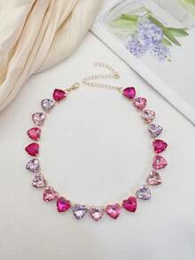1pc Glamorous Multicolor Glass Crystal Heart & Teardrop Necklace Chain For Party - Random Color Assortment - Slight Glaze Defects Are Normal - Multicolor - View 2