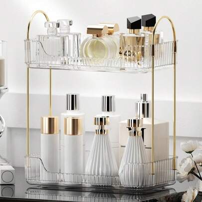 Organizador de tocador de baño de 2 niveles, soporte para maquillaje de gran capacidad, estantería para exhibir cosméticos y perfumes, fácil de instalar y limpiar, blanco transparente