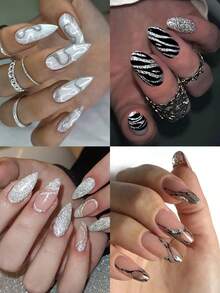 8 miếng dán móng tay đen trắng bóng, phong cách Gothic, Y2K, hình bướm, trái tim, ngôi sao, đường lượn sóng, thích hợp cho lễ hội âm nhạc, tiệc Punk, làm móng hàng ngày, quà tặng ngày lễ. - Nhiều màu - Xem 3