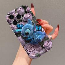 Disney Lilo & Stitch Stitch Phone Case – Stitch Surrounded By Purple Roses & Blue Butterflies On Floral Background, Plush Texture Accents, Shockproof Protective Cover For IPhone 17, 16, 15, 14, 13, 12, And 11 Pro Models.. A Fun Gift For Family, Friends, Birthdays, Holidays, And Special Occasions. - trắng - Xem 3