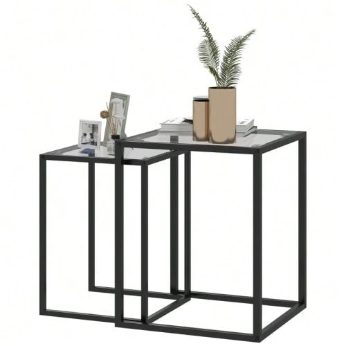Set Of 2 Stackable Side Tables/Coffee Tables With Steel Legs, Modern Design For Living Room, Black - Black - View 1